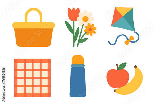 Picnic basket, checkered blanket, fresh fruit, thermos, flowers, and colorful kite