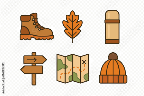 Essential hiking and autumn outdoor adventure gear including boot, map, thermos, and beanie