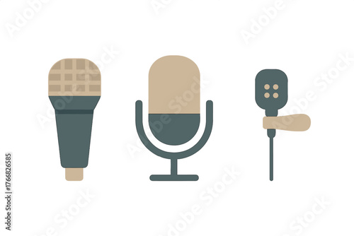 Three distinct microphone symbols for audio recording, broadcasting, and voice communication