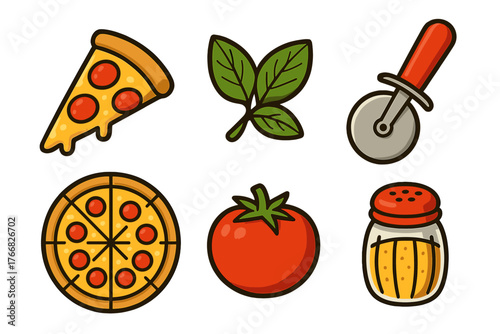 Cartoon icons set featuring pizza slice, whole pie, basil, tomato, cutter, and seasoning shaker