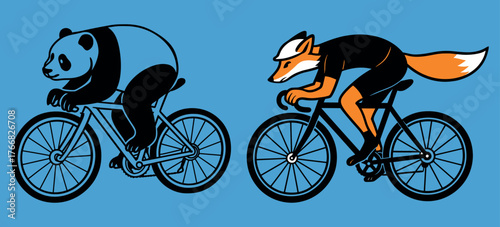 Panda and Fox Cyclists on Blue Background in Retro Sport Style