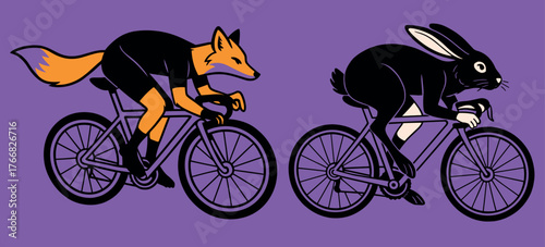 Fox and Rabbit Cycling Together on Purple Background