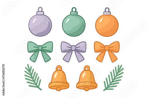 Colorful Christmas ornaments, decorative bows, golden bells, and fir tree branches