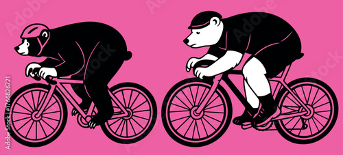 Polar Bear and Black Bear Riding Racing Bicycles on Pink Background