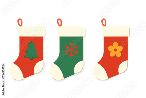 Three colorful holiday stockings decorated with Christmas tree, snowflake, and floral patterns
