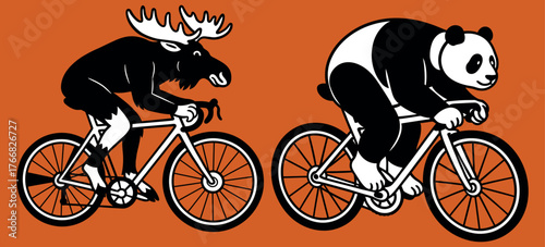 Moose and Panda Riding Bicycles on Orange Background