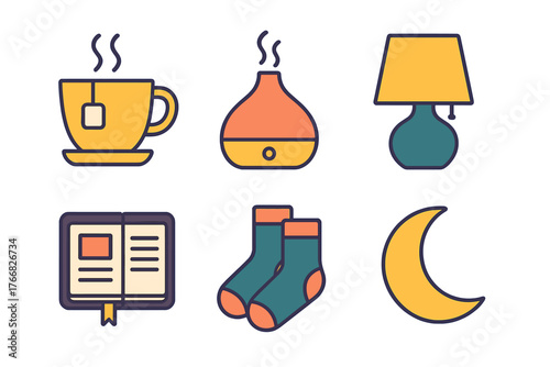 Cozy home comfort elements including tea, aroma diffuser, reading lamp, book, socks, and moon