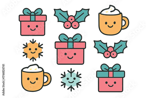 Cute Christmas and Winter Holiday Icons with Smiling Gift Boxes Holly and Hot Drinks