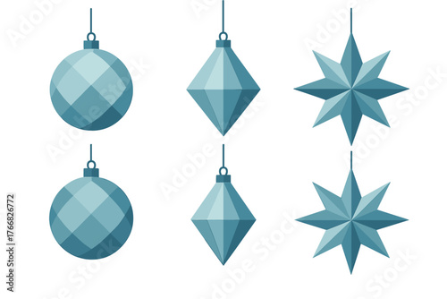 Collection of six modern geometric holiday decorations rendered in cool blue tones against a white background