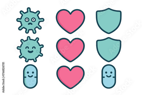 Cute cartoon health and medicine symbols featuring virus, protection, and heart icons