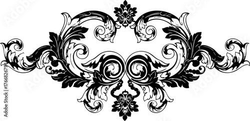 Elegant black baroque flourish with intricate swirling floral designs creating a sophisticated decorative element for invitations and designs