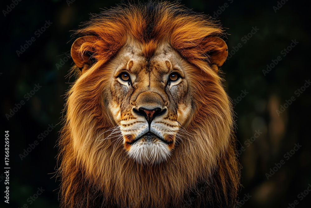 Fototapeta premium Majestic Lion Close-Up Portrait on Black Background – Symbol of Power, Strength, and Nobility