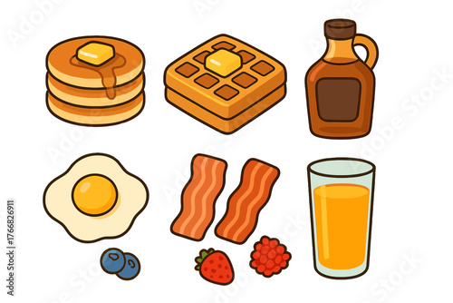 Classic American breakfast food collection with pancakes, waffle, bacon, egg, and juice