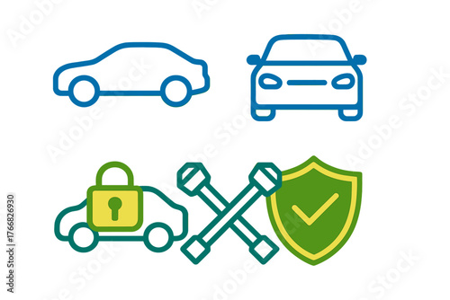 Automotive service and repair symbols featuring car security lock, vehicle outline, tools, and protection shield