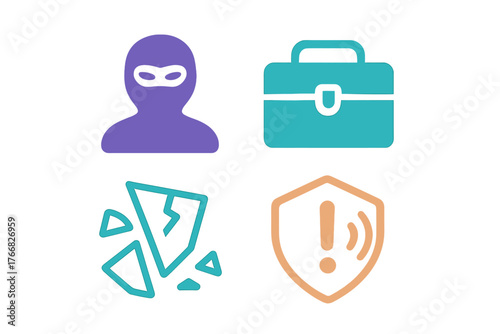 Masked thief, business briefcase, broken data, and warning shield representing digital security and cybercrime