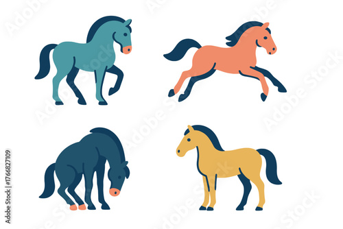Four stylized horses in various dynamic poses and vibrant colors isolated on white