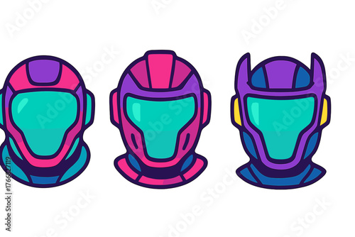 Three vibrant futuristic sci-fi helmets featuring neon pink purple and teal colors for gaming design