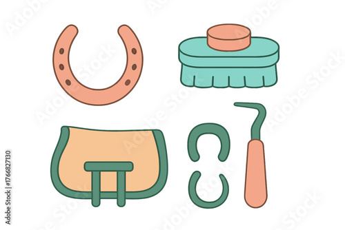 Essential horse riding and grooming equipment set: horseshoe, brush, saddle pad, hoof pick