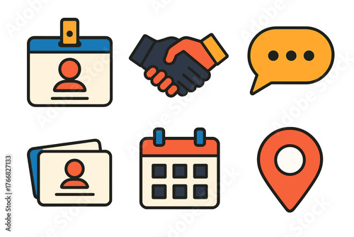 Essential business contact and communication symbols handshake calendar location pin
