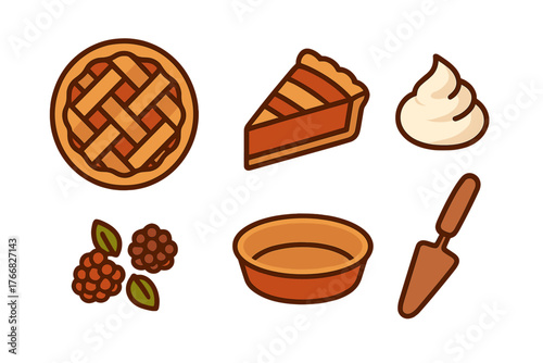 Baked pie, slice, whipped cream, berries, baking dish, and serving utensil set