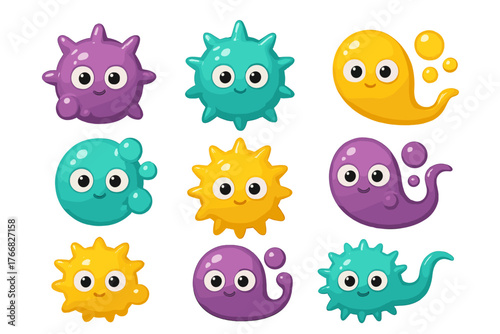 Nine cute germs and microbes characters in purple, teal, and yellow colors