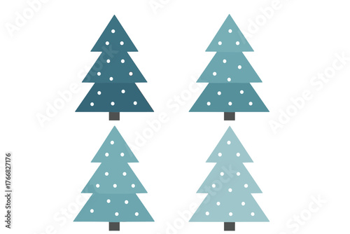 Four stylized geometric Christmas trees decorated with white dots in various shades of blue and teal colors
