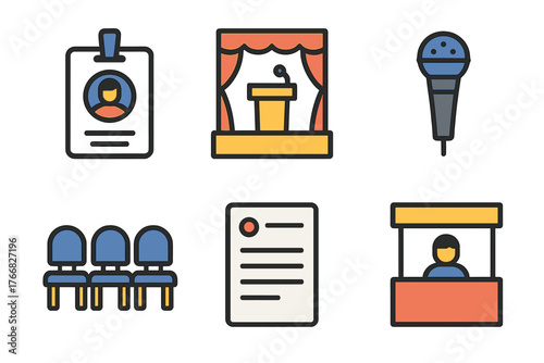 Flat icons set for business conference, public speaking, presentation, and seminar events