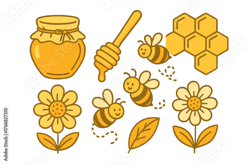Sweet honey jar, wooden dipper, flying bees, and blooming flowers