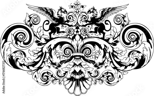 Majestic ornate heraldic crest featuring griffins and intricate baroque flourishes for luxury branding and vintage design projects