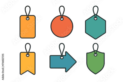 Colorful collection of blank price tags and labels in various geometric shapes for retail marketing and promotion