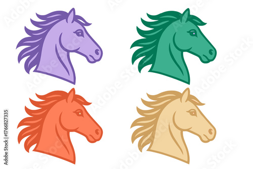 Collection of four colorful stylized horse head profiles with flowing manes