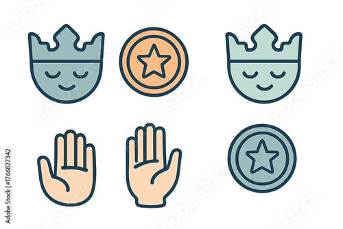 Simple symbols of crowns, star coins, and open hands representing success and achievement
