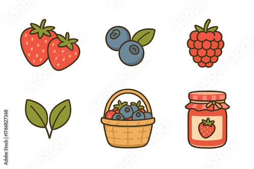 Fresh summer berries, leaves, wicker basket, and jar of homemade fruit jam