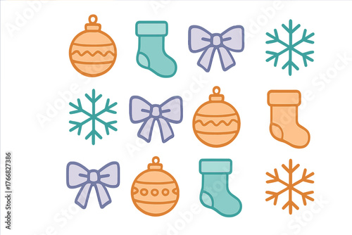 Twelve festive Christmas icons: baubles, stockings, bows, and snowflakes