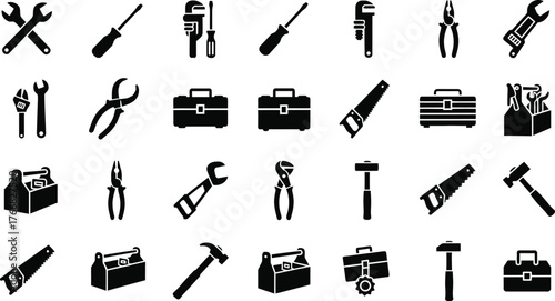 Collection of various hand tools and toolboxes in a grid pattern isolated on transparent background