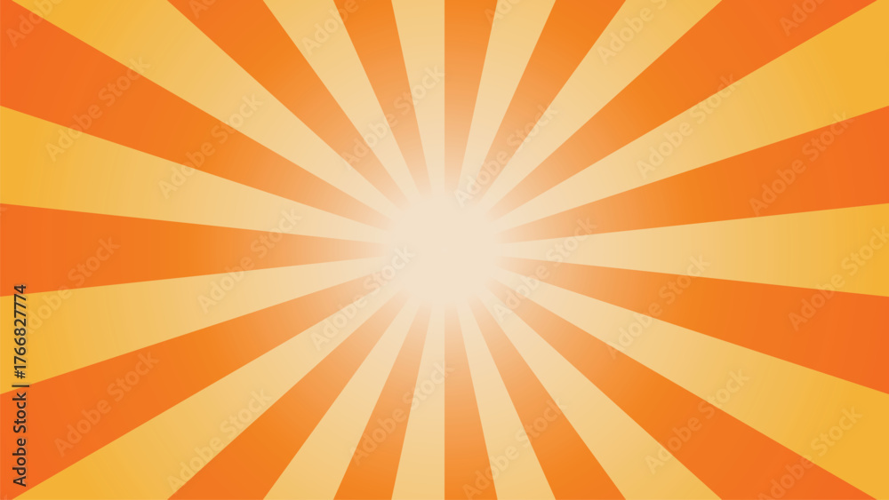 Obraz premium Bright orange and yellow sunburst background with radiant rays spreading from the center. Ideal for retro posters, summer designs, comic-style artwork, or energetic abstract graphic templates.