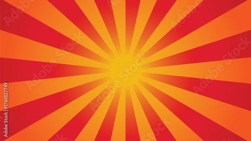 Bright orange and yellow sunburst background with radiant rays spreading from the center. Ideal for retro posters, summer designs, comic-style artwork, or energetic abstract graphic templates.