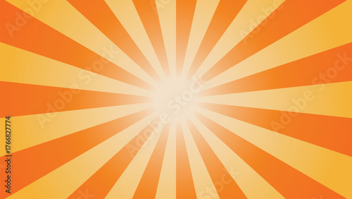 Bright orange and yellow sunburst background with radiant rays spreading from the center. Ideal for retro posters, summer designs, comic-style artwork, or energetic abstract graphic templates.
