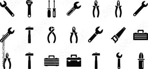Collection of various hand tools and toolboxes in silhouette isolated on transparent background