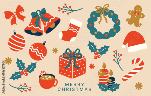 Cute Hand-Drawn doodle style Christmas Elements Illustration Set with Gifts, Wreath, Bells, Holly, Ornaments, and Festive Decorations on Beige Background
