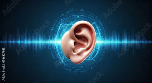 Realistic human ear amid a glowing blue digital audio and tech soundscape