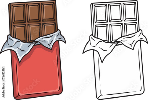 Sweet chocolate bar in wrapper cartoon illustration with outline coloring book template on white background