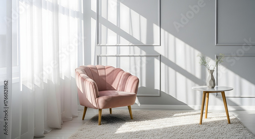 Cozy armchair bathed in soft sunlight casting dramatic shadows in a minimalist modern interior space
