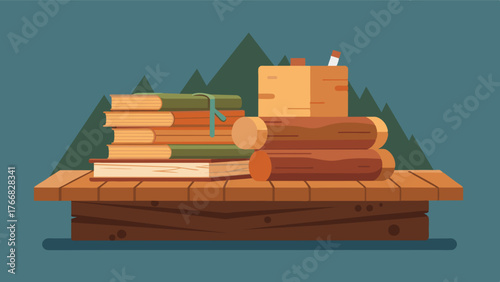 A stack of log cabinthemed notebooks sit on a makeshift desk made from a plank of wood resting on two stacked crates.. Vector illustration
