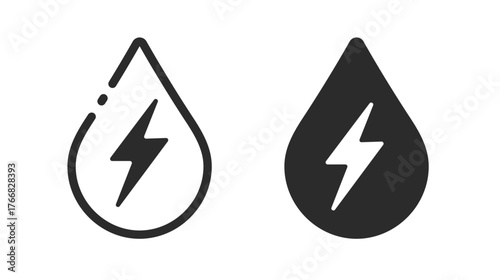 Water electrical energy power icon, hydropower electricity sign symbol pictogram line stroke outline, hydroelectric technology logo set, liquid drop with lightning thunderbolt image clip art
