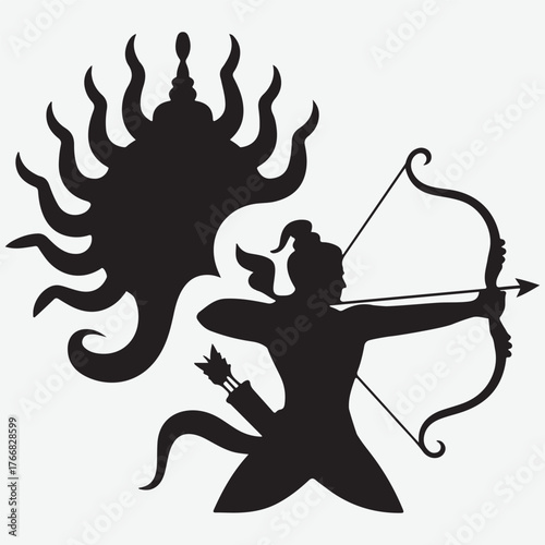 Silhouette of Archer Aiming Bow at Mythical Creature with Tentacles