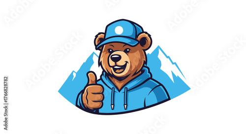 Friendly bear mascot giving thumbs up with mountain background.