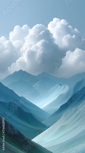 Dramatic Cloud Formations Above Blue Misty Mountain Ranges Bathed in Soft Natural Light