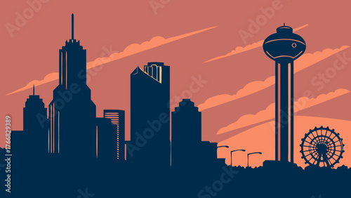 Dallas skyline vector showcases iconic landmarks against oklahoma citys ferris wheel and tower. Ideal for travel brochures, city guides, and promotional materials.