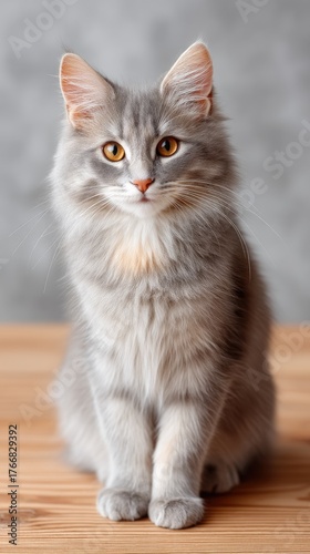 Fluffy Grey Kitten With Big Orange Eyes Sitting On A Wooden Surface Against A Textured Grey Background With Sparkles
